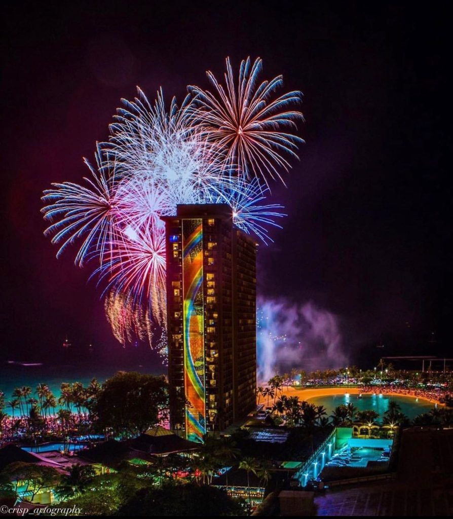 colorful fireworks behind the tall building